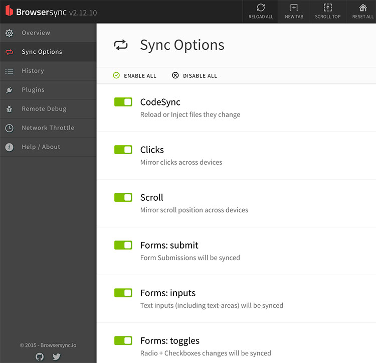 Browsersync 관리자의 Sync 옵션 화면