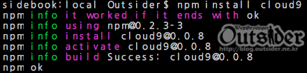 npm으로 cloud9을 설치하는 화면 