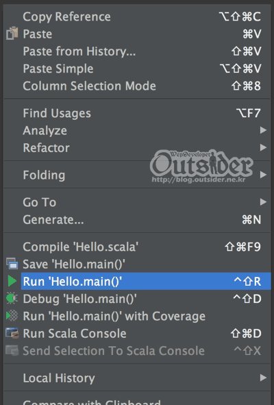 IntelliJ 컨텍스트에서 Run 'Hello.main()'을 선택한 화면