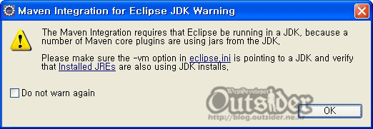 "Maven Integration for Eclipse JDK Warning" 경고창 