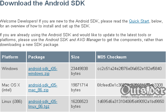 안드로이드 SDK 다운로드 페이지 