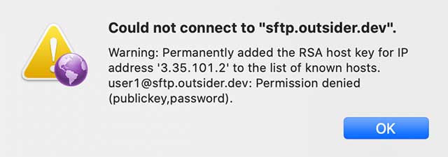 SFTP 사용자 비밀번호가 틀리면 로그인 오류가 발생