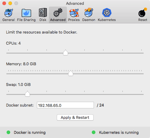 Docker for mac의 리소스 설정 화면