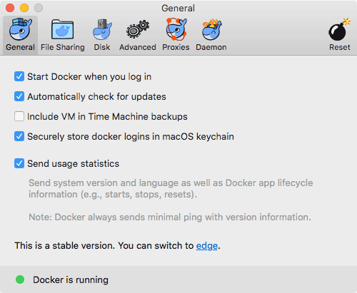 Docker for Mac의 설정화면에서 edge 변경 화면