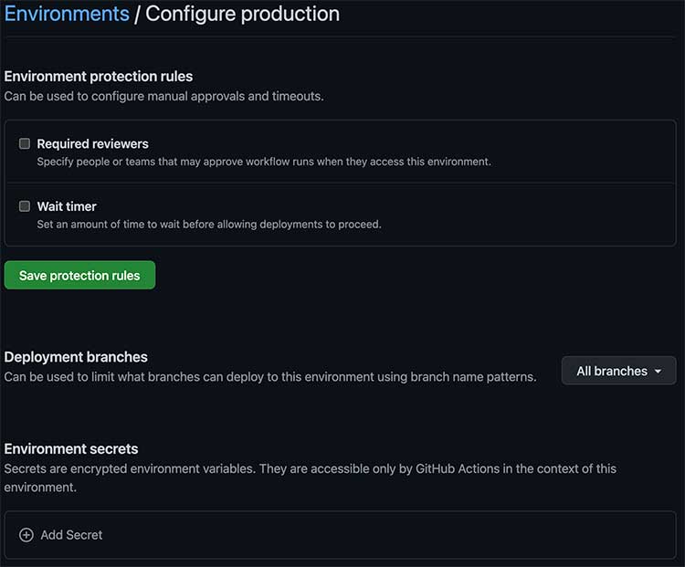 GitHub의 Environment 설정에서 production 환경 설정