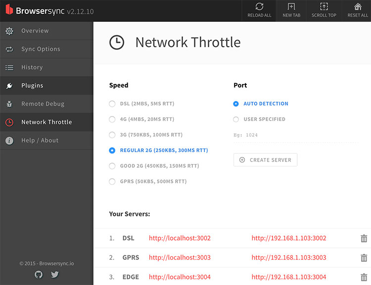 Browsersync 관리자의 Network Throttle 화면