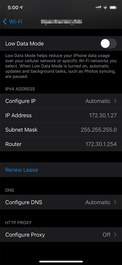 iOS의 Wi-Fi 설정의 HTTP Proxy 메뉴