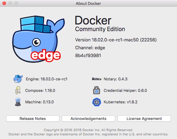 Docker for Mac edge 버전의 버전 정보