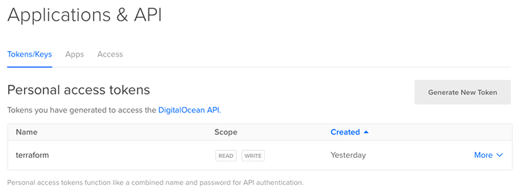 Digital Ocean의 API 토큰 생성 화면