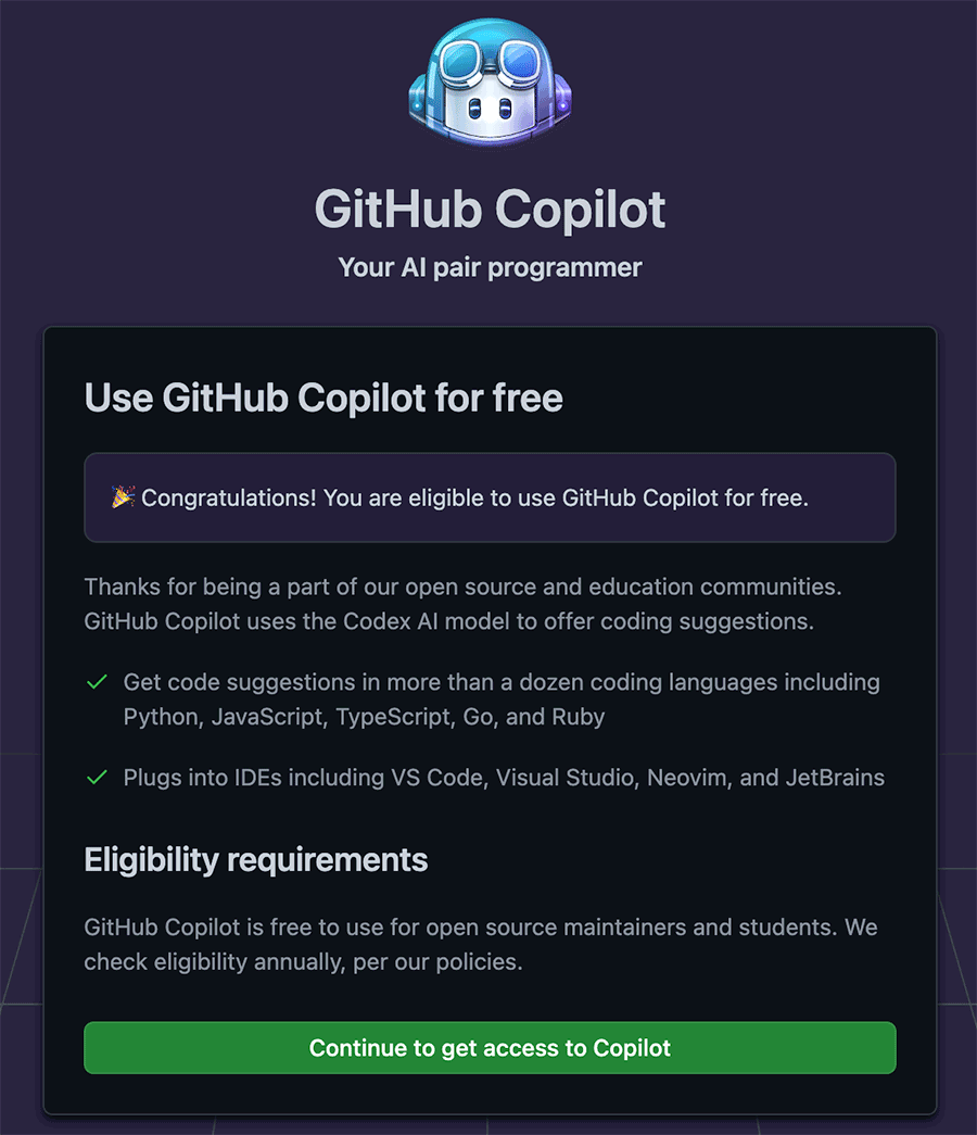 GitHub Copilot 무료 제공 화면