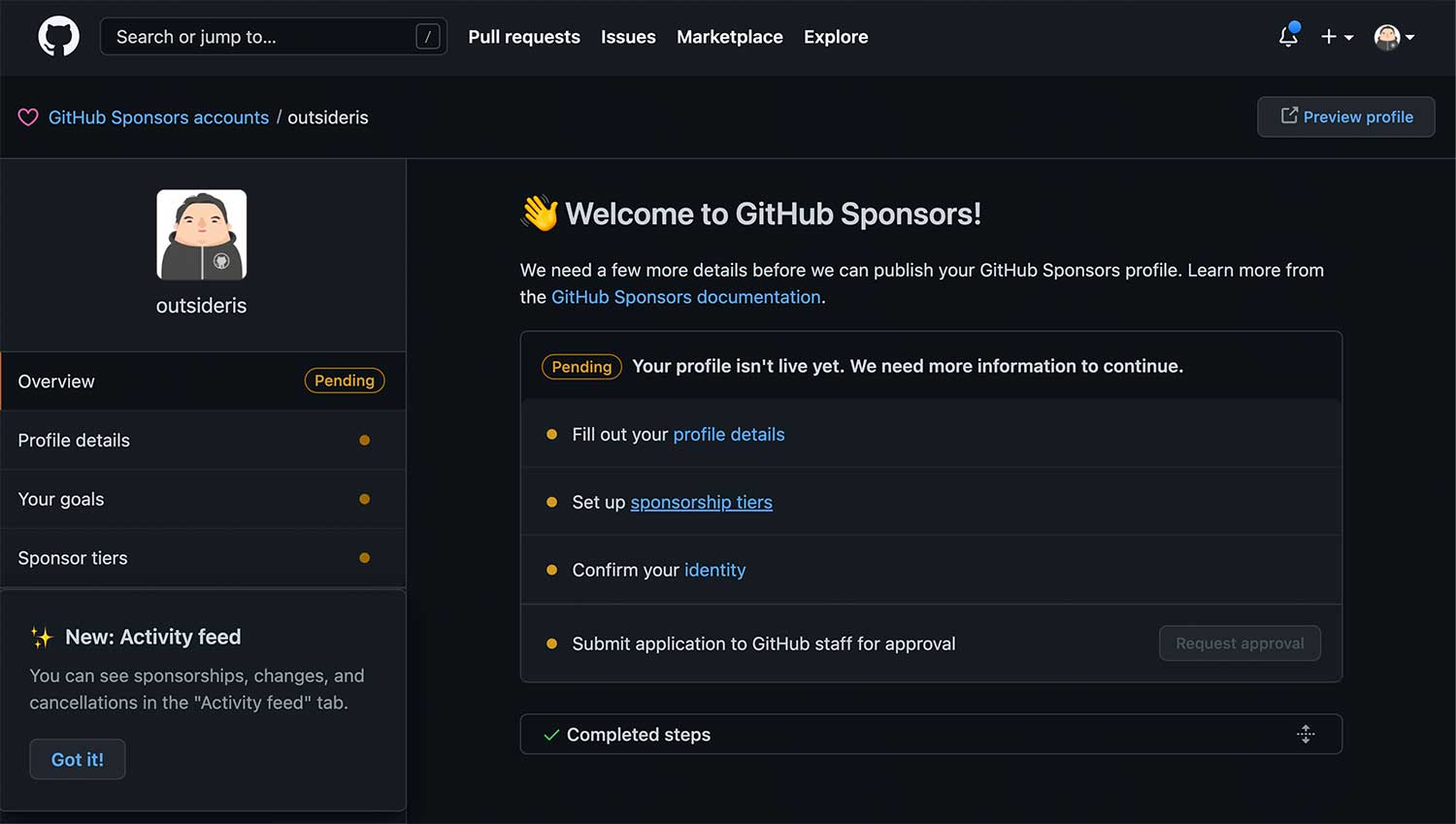 GitHub Sponsors 정보 등록 페이지