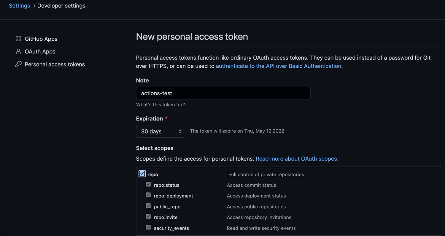 GitHub의 Personal Access Token 생성 메뉴