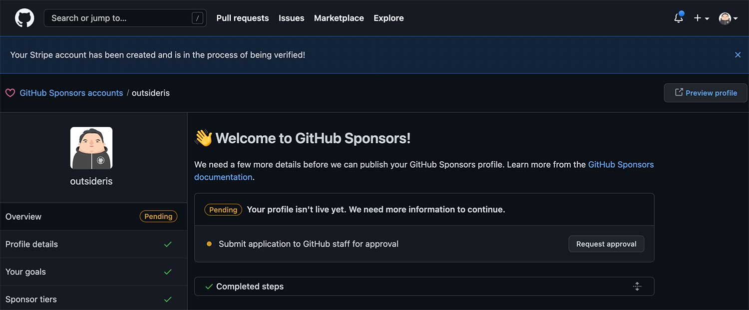 GitHub Sponsors 승인 요청 페이지
