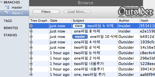 rebase된 slave의 히스토리 화면