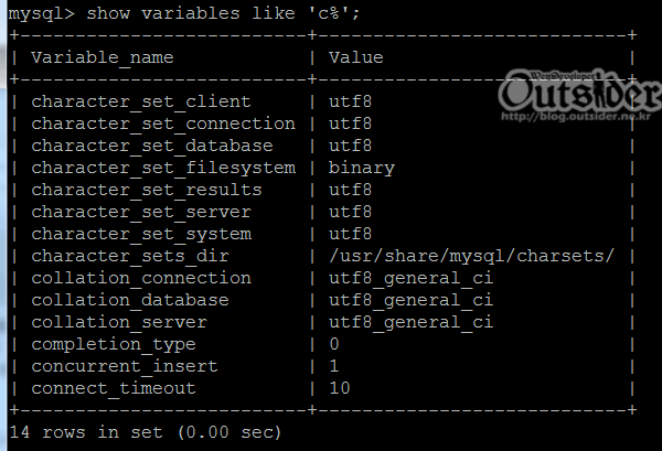 MySQL의 캐릭터셋을 조회하여 utf-8로 나온 화면