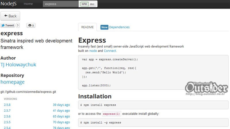 NodeJS Package Browser에서 express를 검색한 화면 