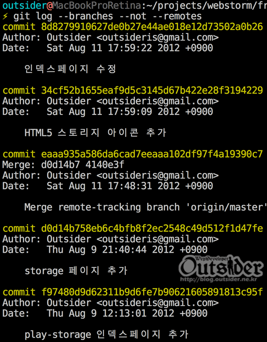 git log --branches --not --remotes 실행한 화면 