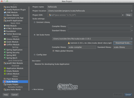 IntelliJ의 New Project에서 Scala Module을 선택한 화면 