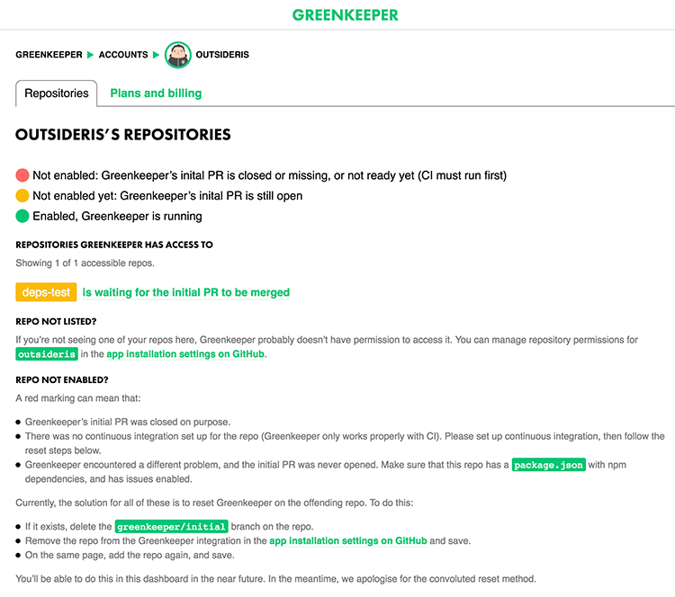 Greenkeeper의 대시보드