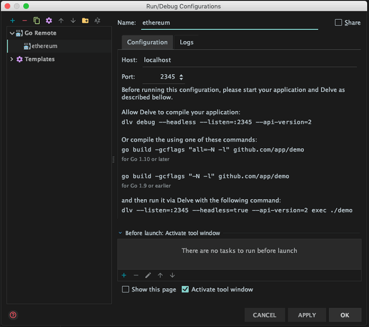 GoLand의 Run/Debug Configurations 설정