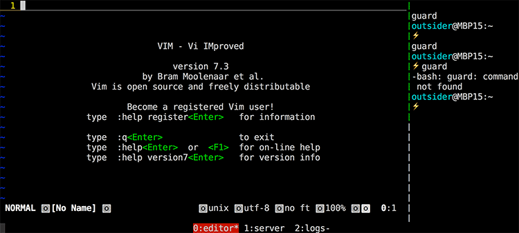 tmuxinator로 tmux 세션을 실행한 화면