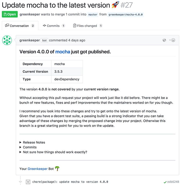 Greenkeeper가 의존성을 업데이트하는 Pull Request