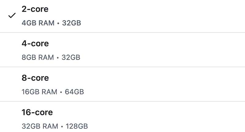 GitHub Codespaces 가상머신 사양