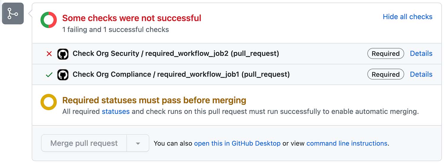 Pull Reqeust에서 실행된 조직의 Required Workflow가 실패한 상태