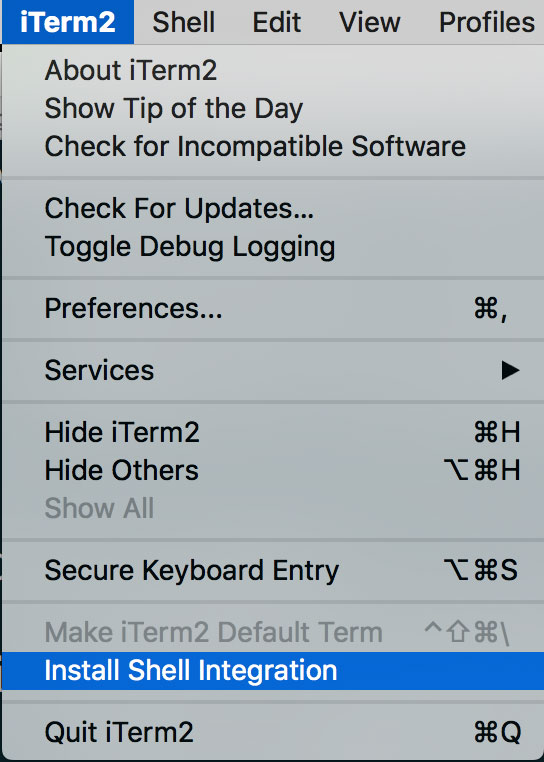 iTerm2의 Install Shell Integration 메뉴