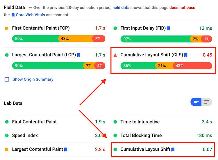 여러 CLS 값을 가진PageSpeed Insights 보고서