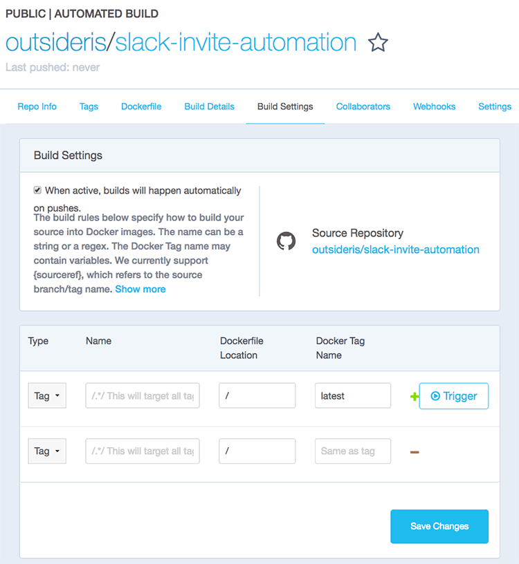 DockerHub의 Automated Build 설정 화면