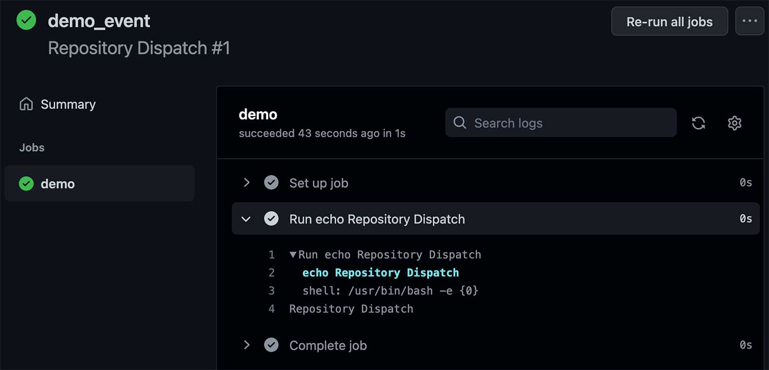 Repository Dispatch 워크플로우가 설공적으로 실행된 화면