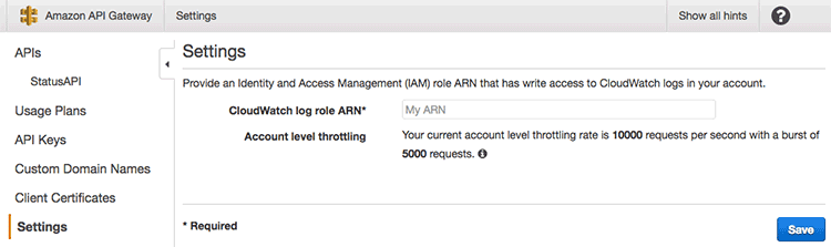 API Gateway의 클라우드워치 ARN 설정 화면