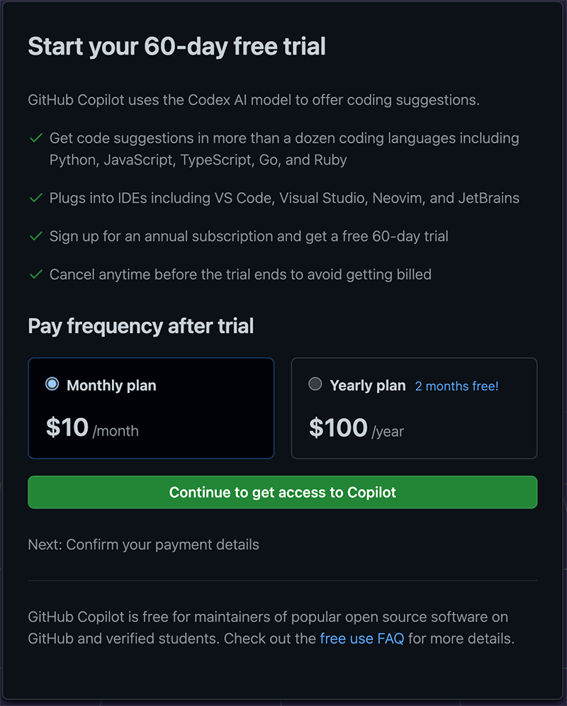 GitHub Copilot 가입 페이지