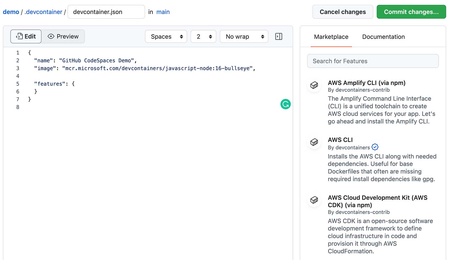 GitHub에서 devcontainer.json의 마켓플레이스