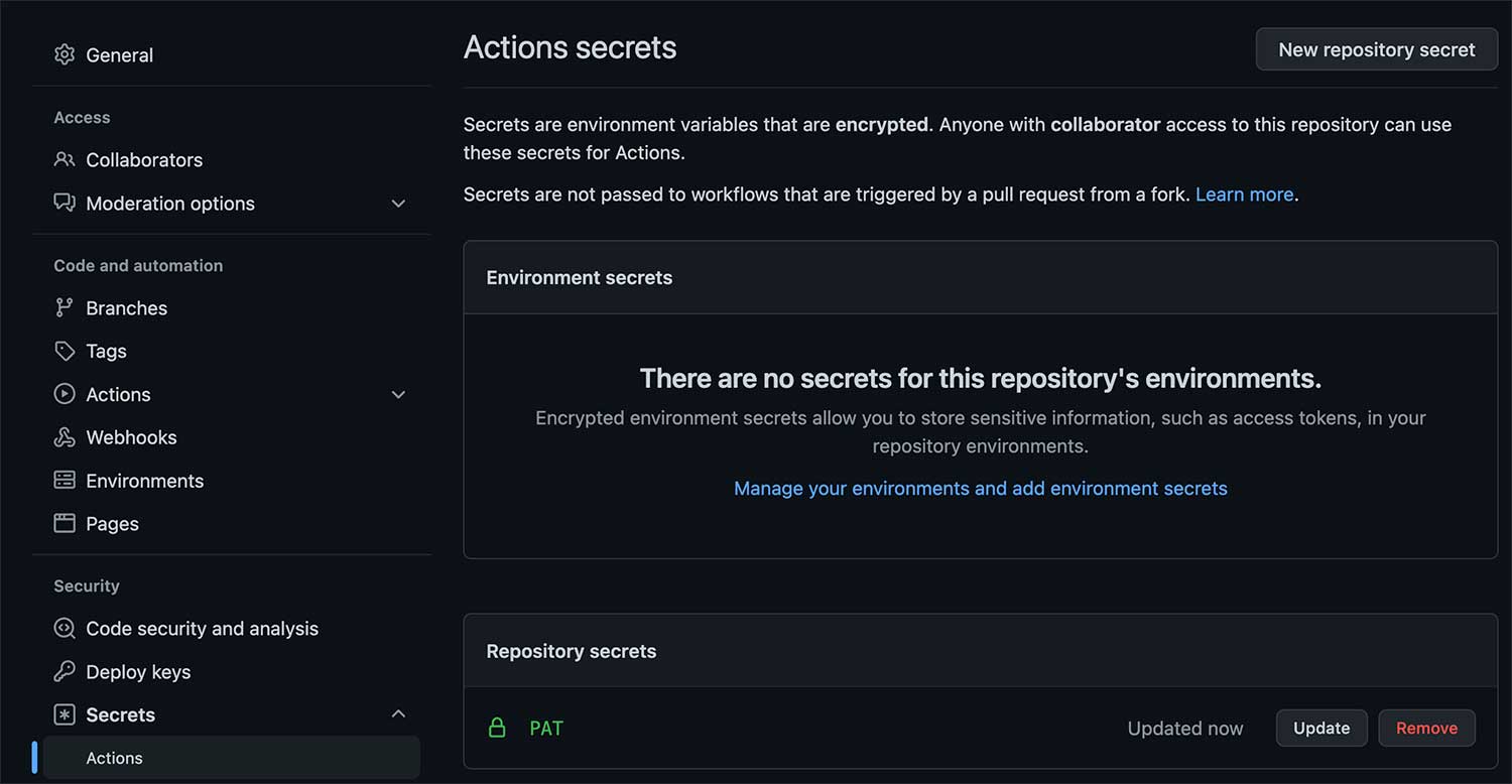 생성한 Personal Access Token를 Actions의 시크릿으로 설정하는 메뉴