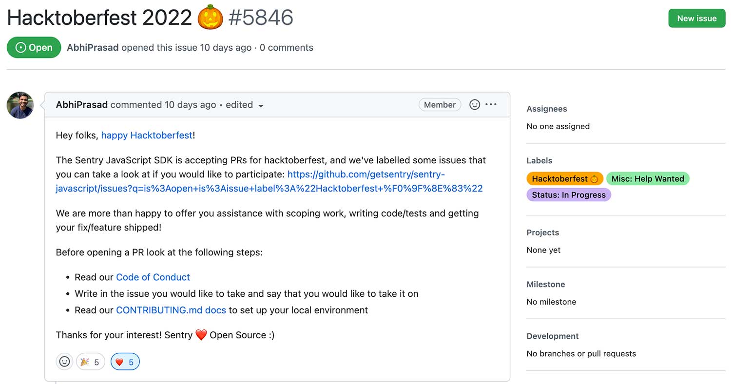 sentry-javascript의 Hacktoberfest 이슈