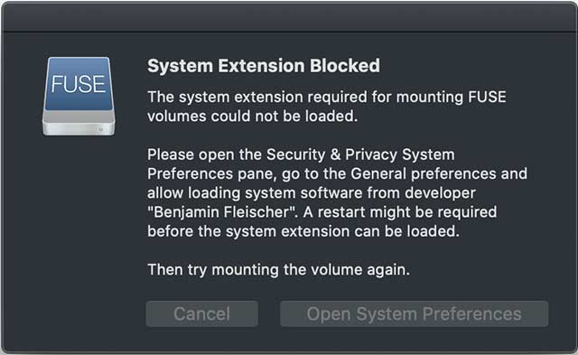 The system extension required for mounting FUSE volumes could not be loaded.