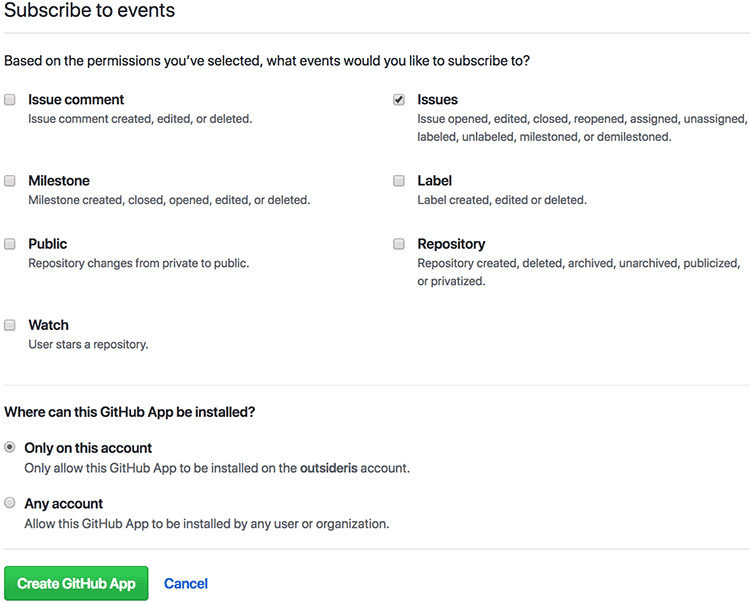 GitHub App의 이벤트 구독 설정