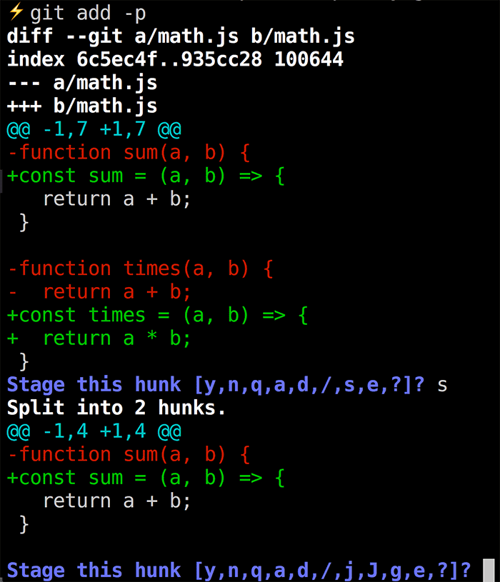 git add -p에서 hunk를 split한 화면