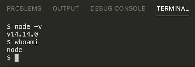 터미널에서 node 버전이 v14.14.0이고 사용자 계정이 node