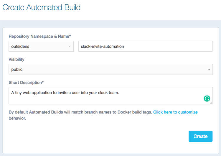 DockerHub의 Automated Build 등록 화면