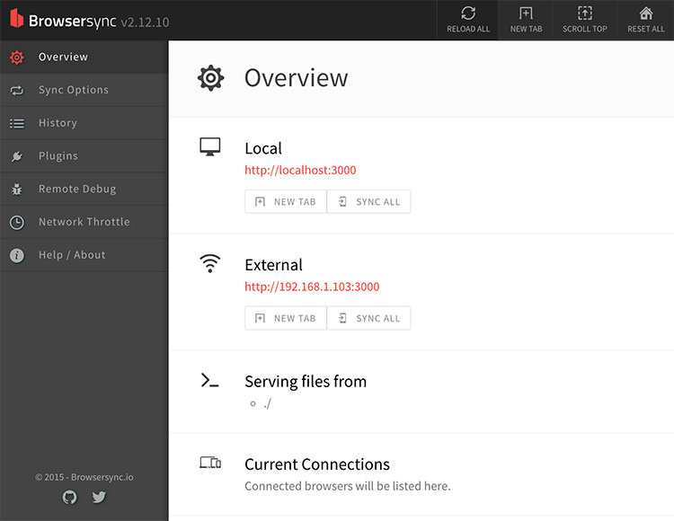 Browsersync의 관리자 화면