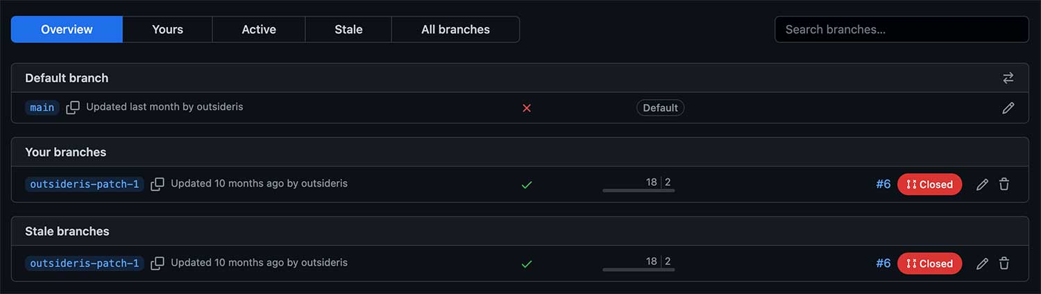 GitHub의 브랜치 목록 화면