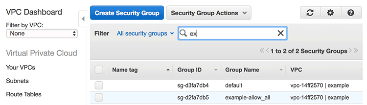 AWS에 Security Groupts가 생성된 모습