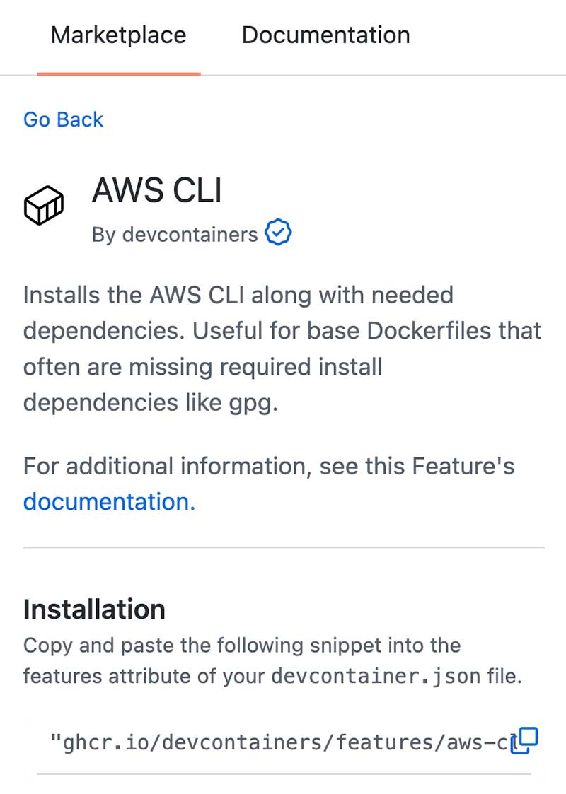 GitHub에서 devcontainer.json의 마켓플레이스에서 AWS CLI의 안내