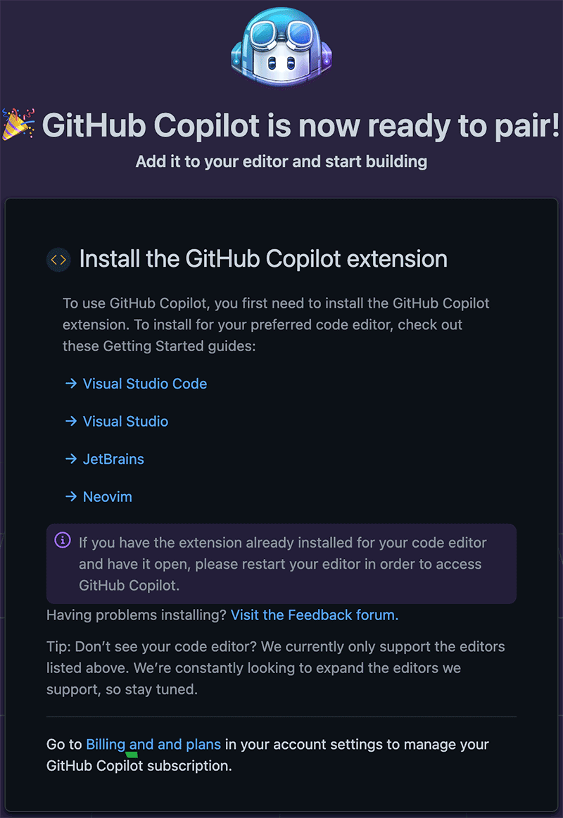 GitHub Copilot 가입 완료 화면