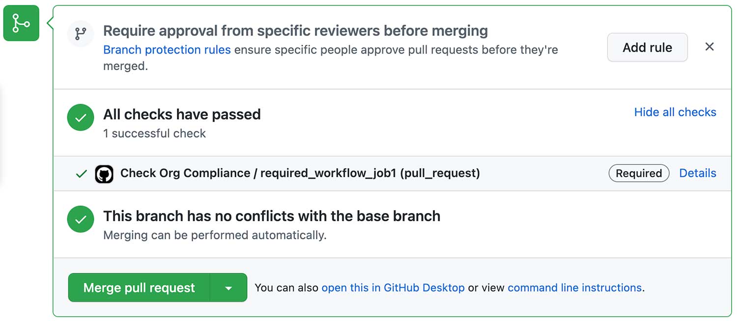 Pull Reqeust에서 실행된 조직의 Required Workflow가 성공한 상태