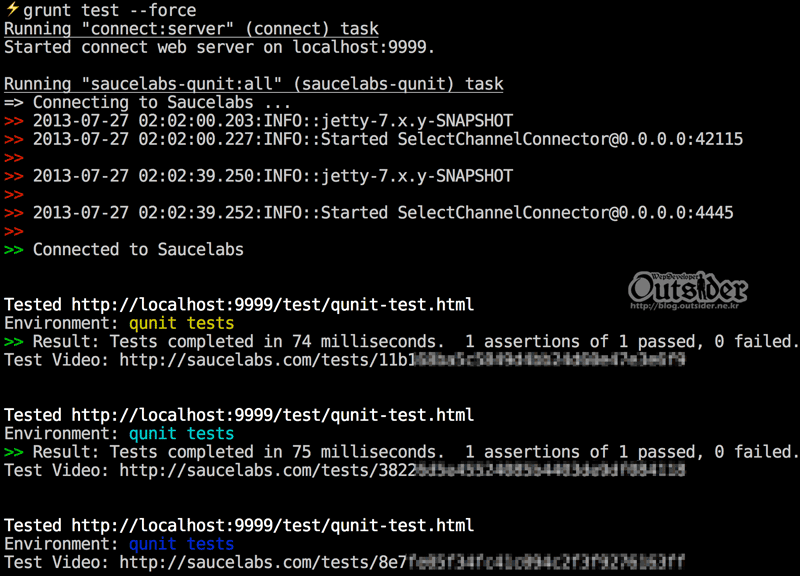 grunt test를 실행해서 Sauce Labs에 Qunit이 실행되는 화면