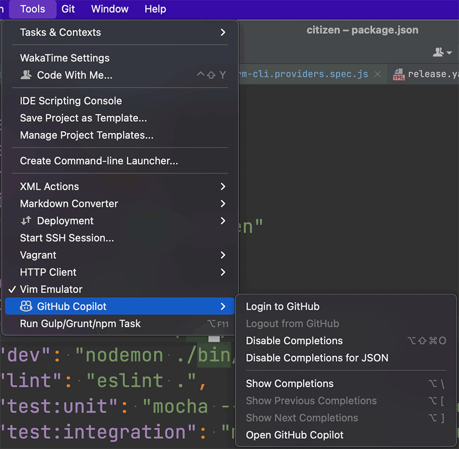 GitHub Copilot 메뉴